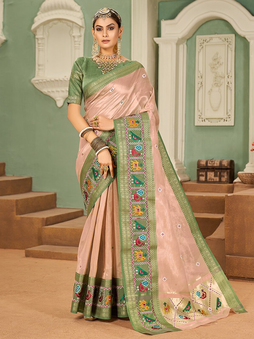 

RAJGRANTH Woven Design Zari Silk Cotton Patola Saree, Peach