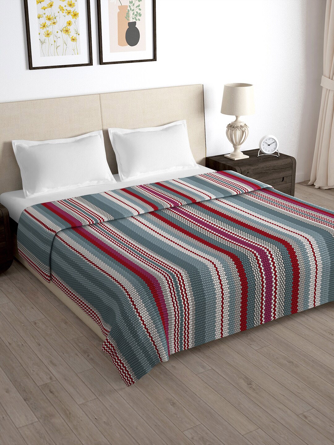 Story@home Grey & Maroon Printed Pure 180 TC Double Size Duvet Cover