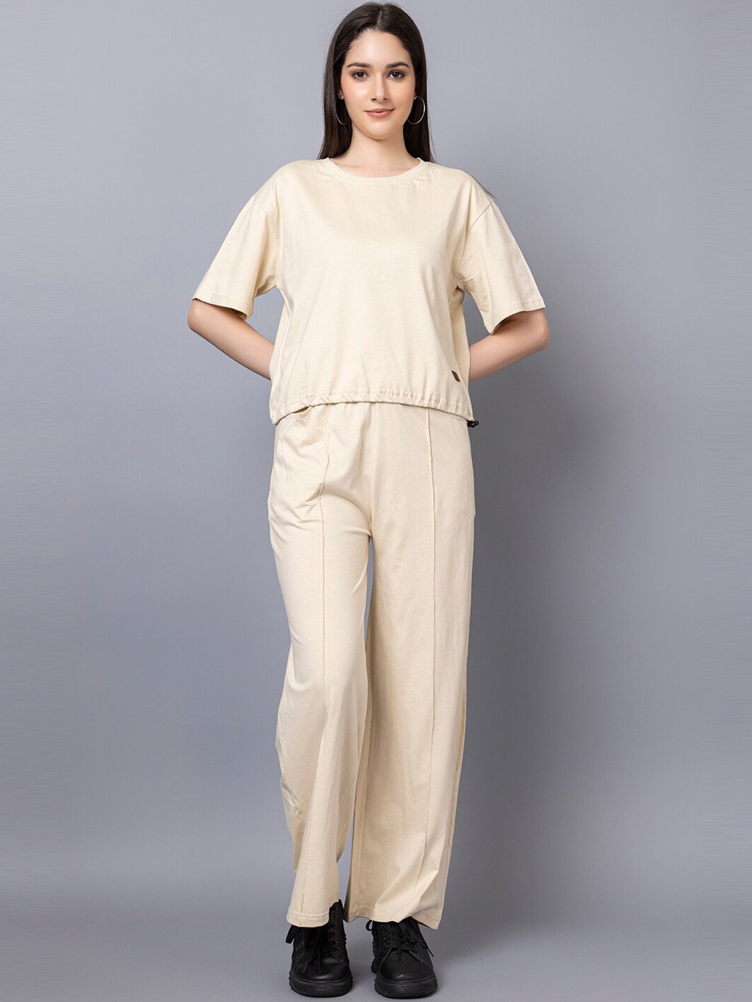 

KEPA Round-Neck Top With Flared Palazzos Co-Ords, Beige
