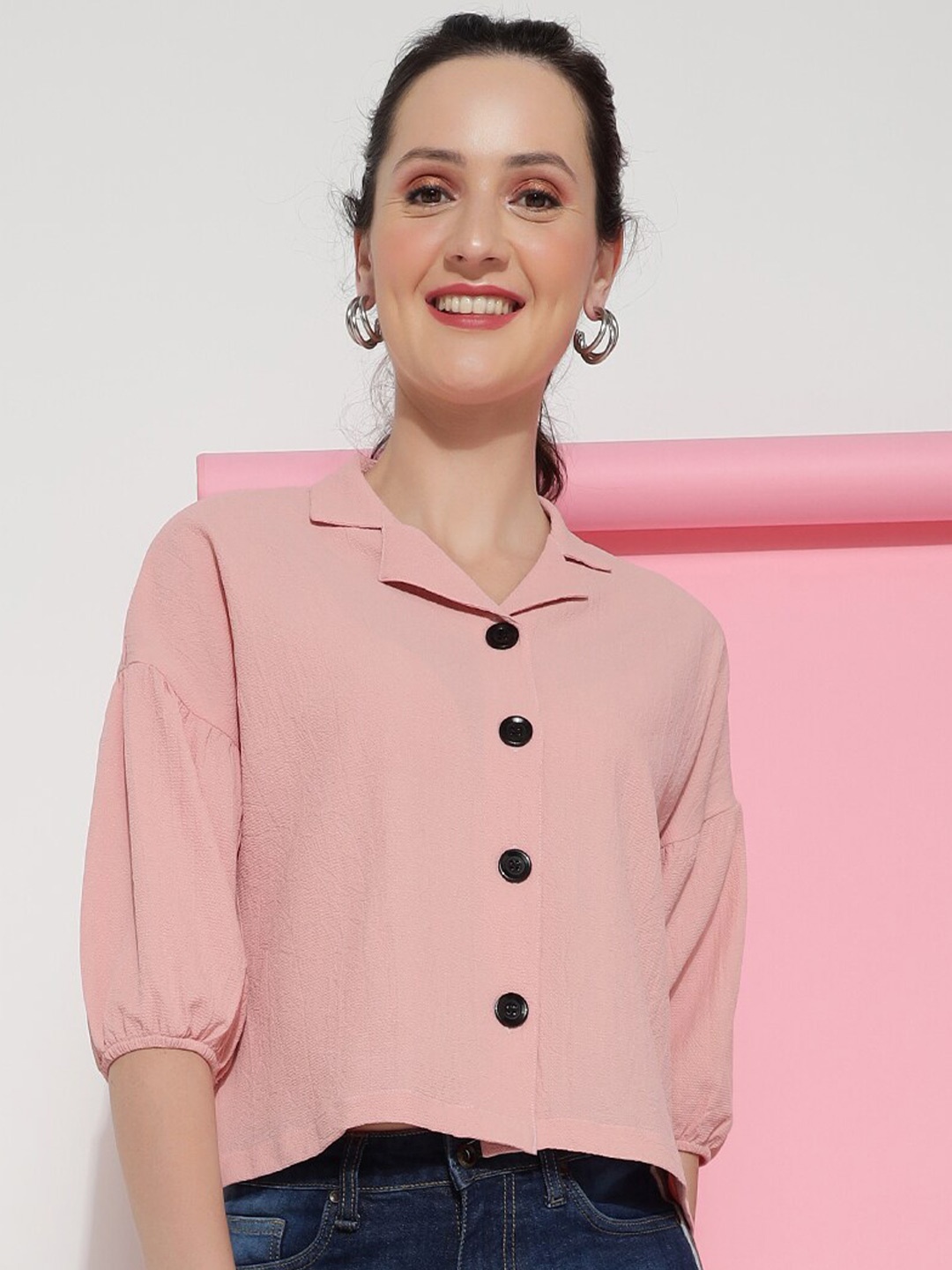 

J Turritopsis Classic Oversized Cuban Collar Casual Crop Shirt, Peach