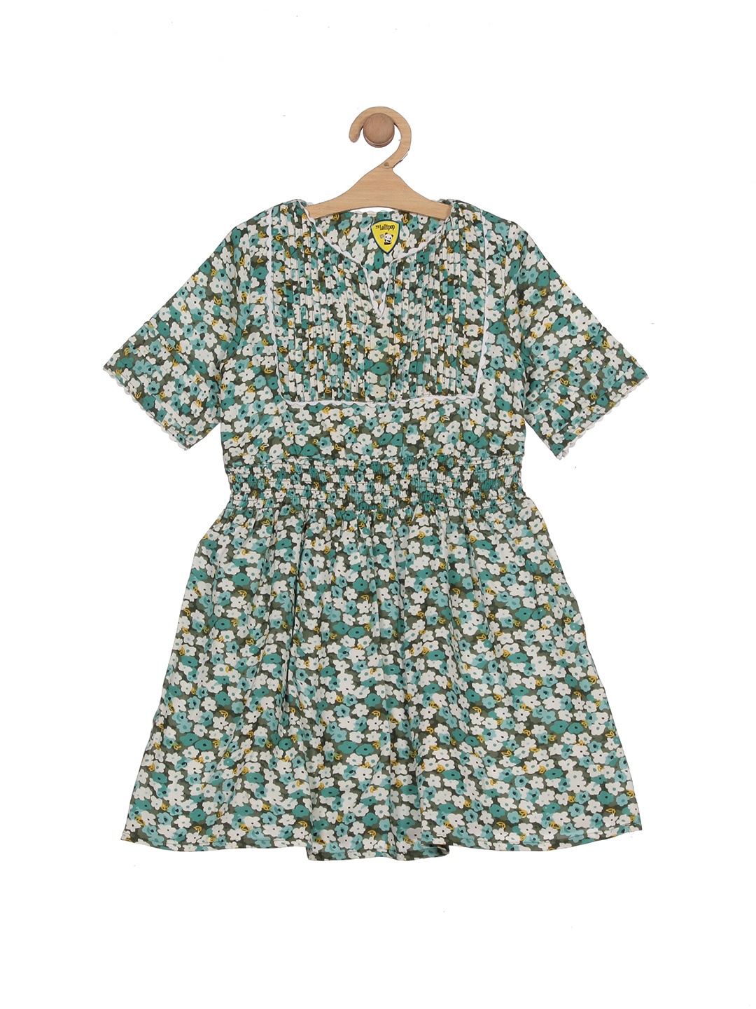 

Lil Lollipop Girls Floral Printed Smocked Cotton Fit & Flare Dress, Green