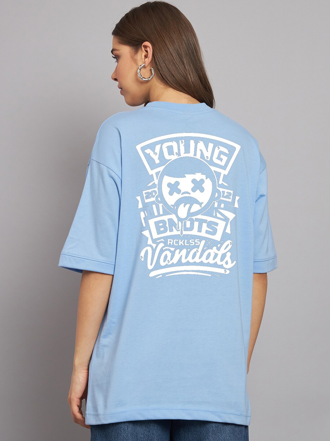 

Imsa Moda Typography Printed Round Neck Drop-Shoulder Cotton Oversized T-shirt, Blue
