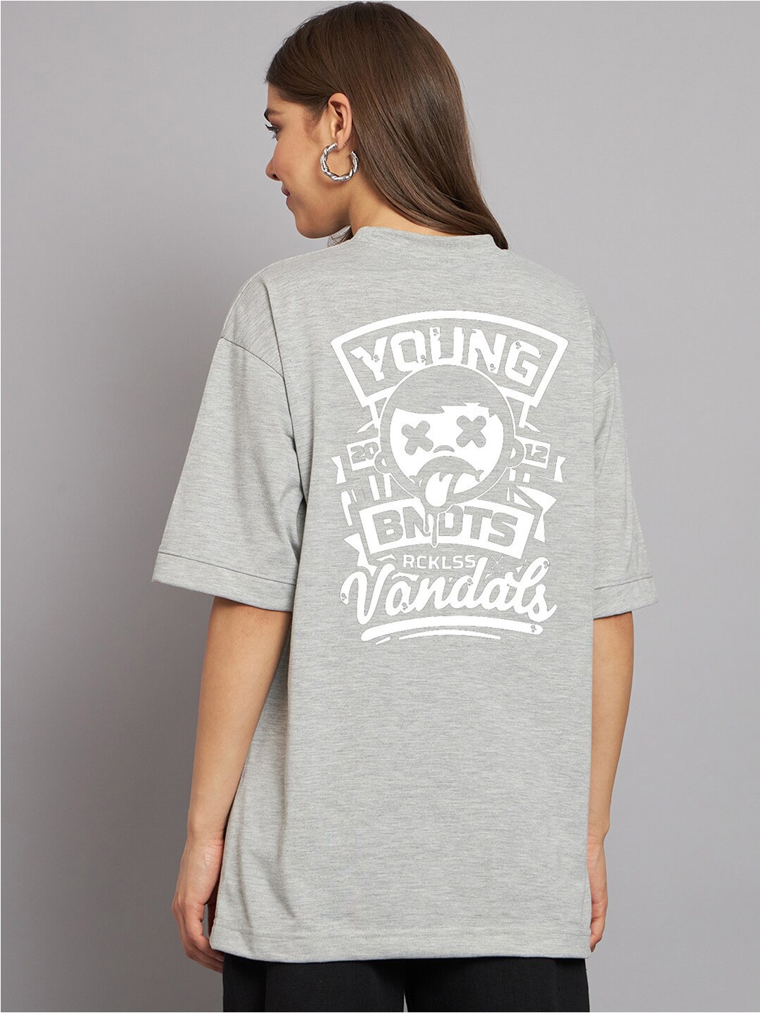 

Imsa Moda Typography Printed Round Neck Drop-Shoulder Cotton Oversized T-shirt, Grey
