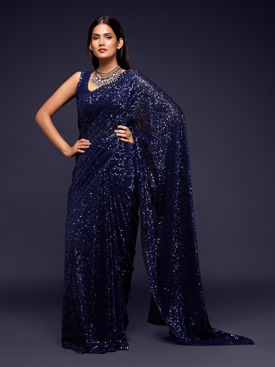

Trendmalls Embellished Sequinned Poly Georgette Chanderi Saree, Navy blue
