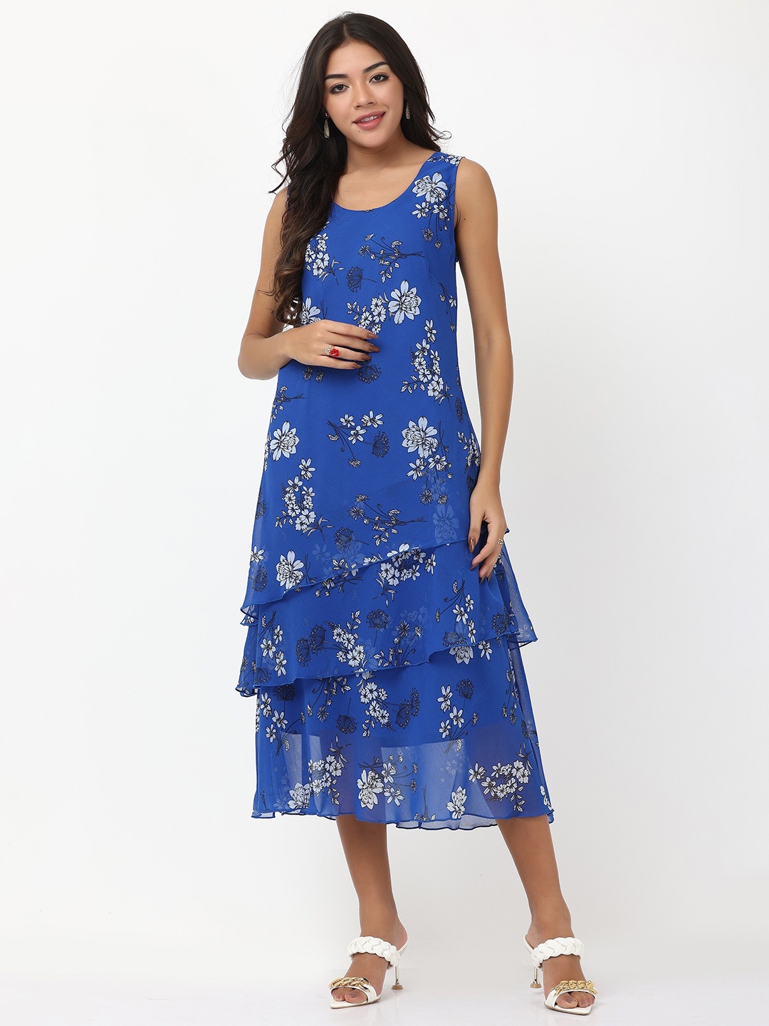 

TSM Floral Printed Layered Georgette A-Line Midi Dress, Blue