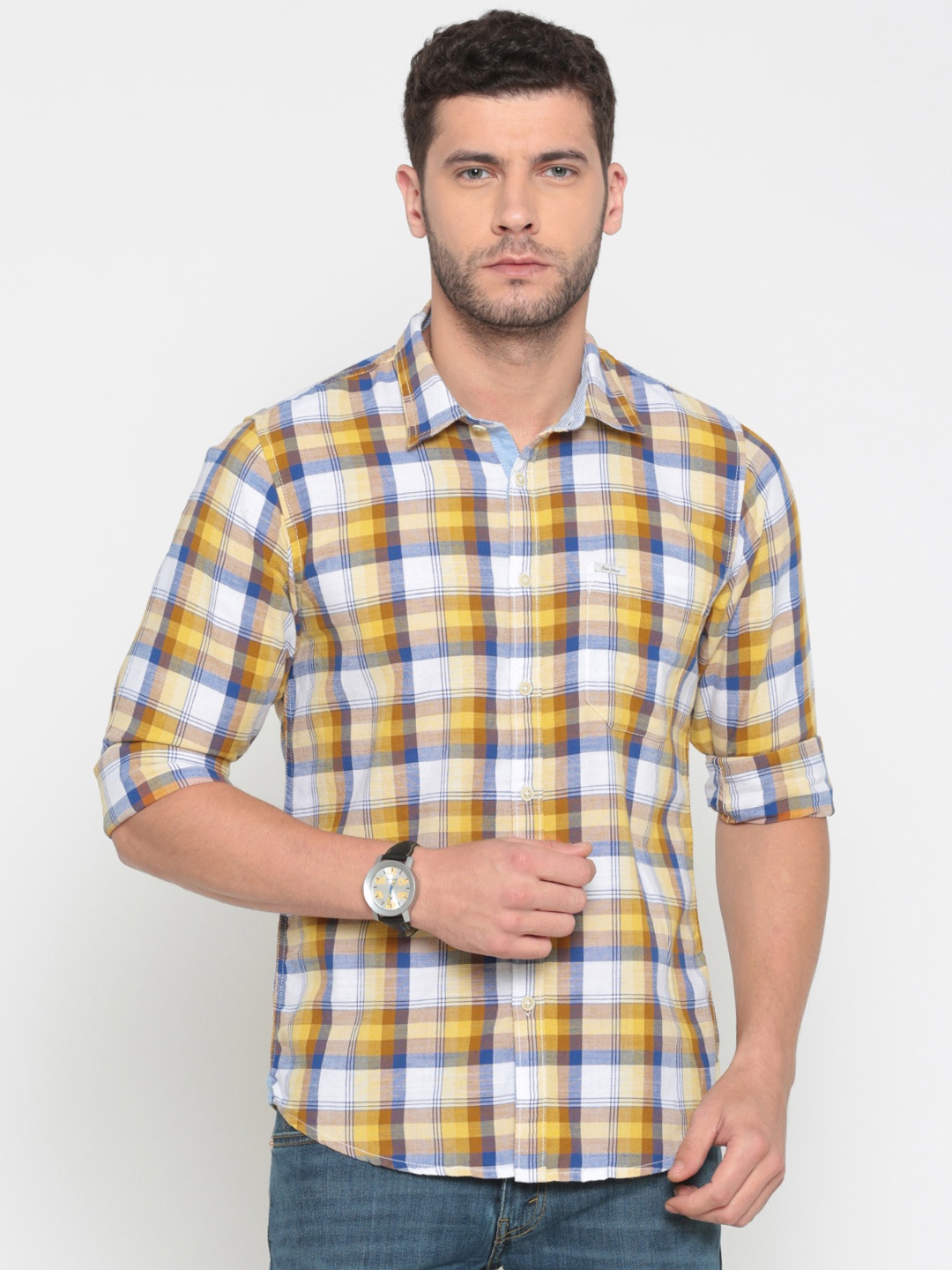 

Pepe Jeans Men Mustard & Blue Regular Fit Checked Casual Shirt