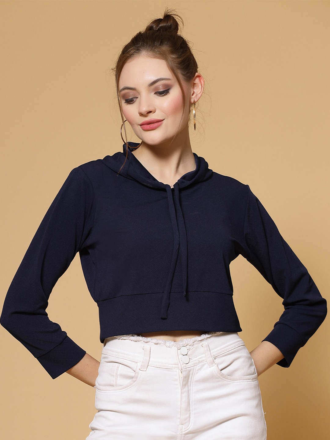 

MISS AYSE Hooded Crop Top, Navy blue