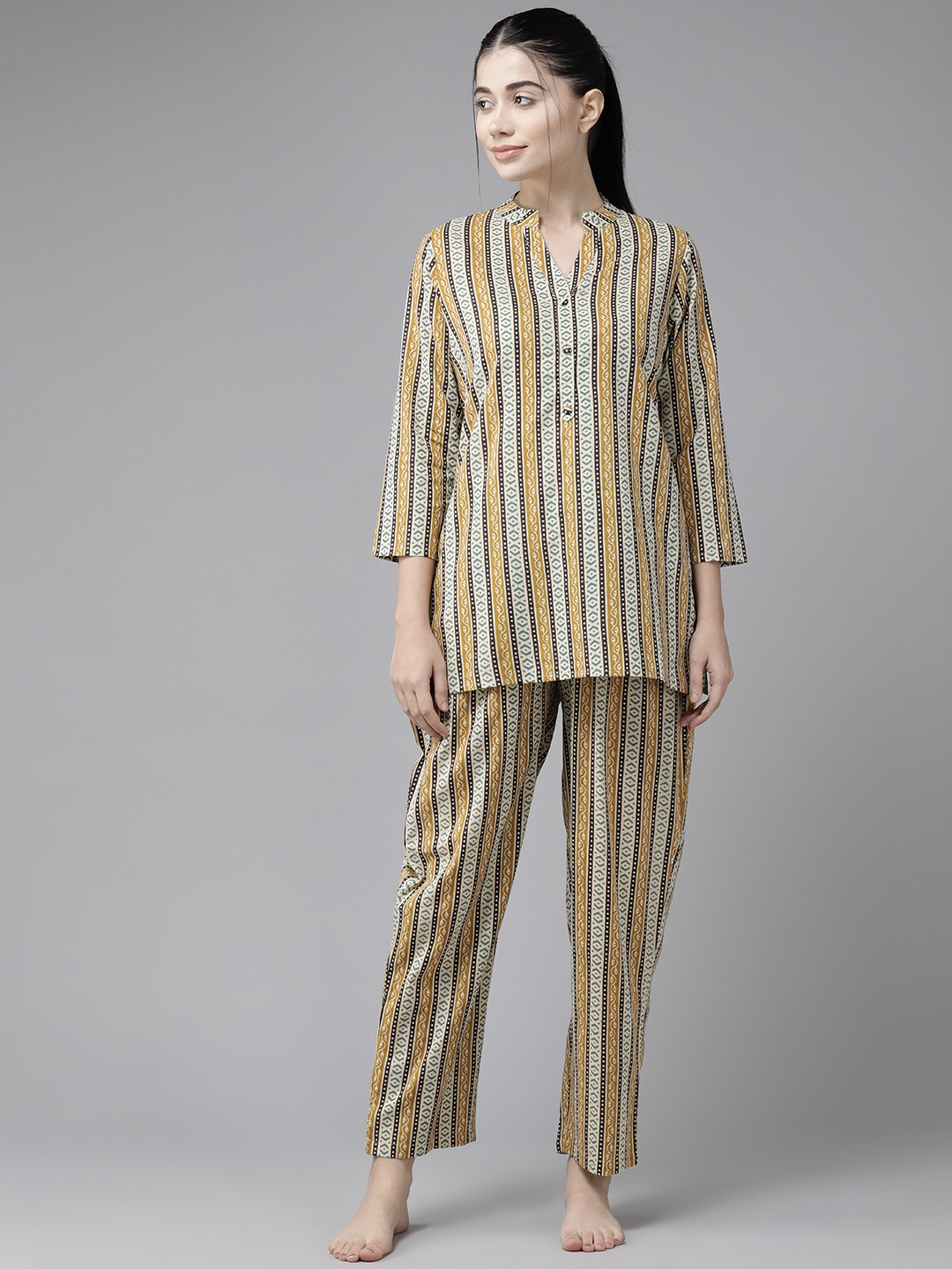 

Prakrti Women Printed Cotton Night suit, Beige