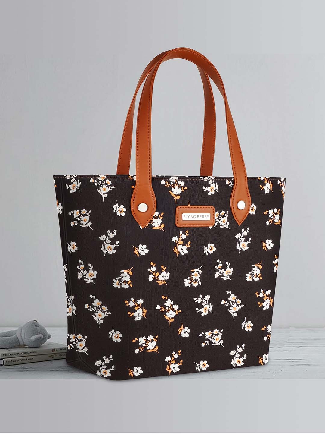 

FLYING BERRY Floral Printed Oversized Shopper Shoulder Bag, Black