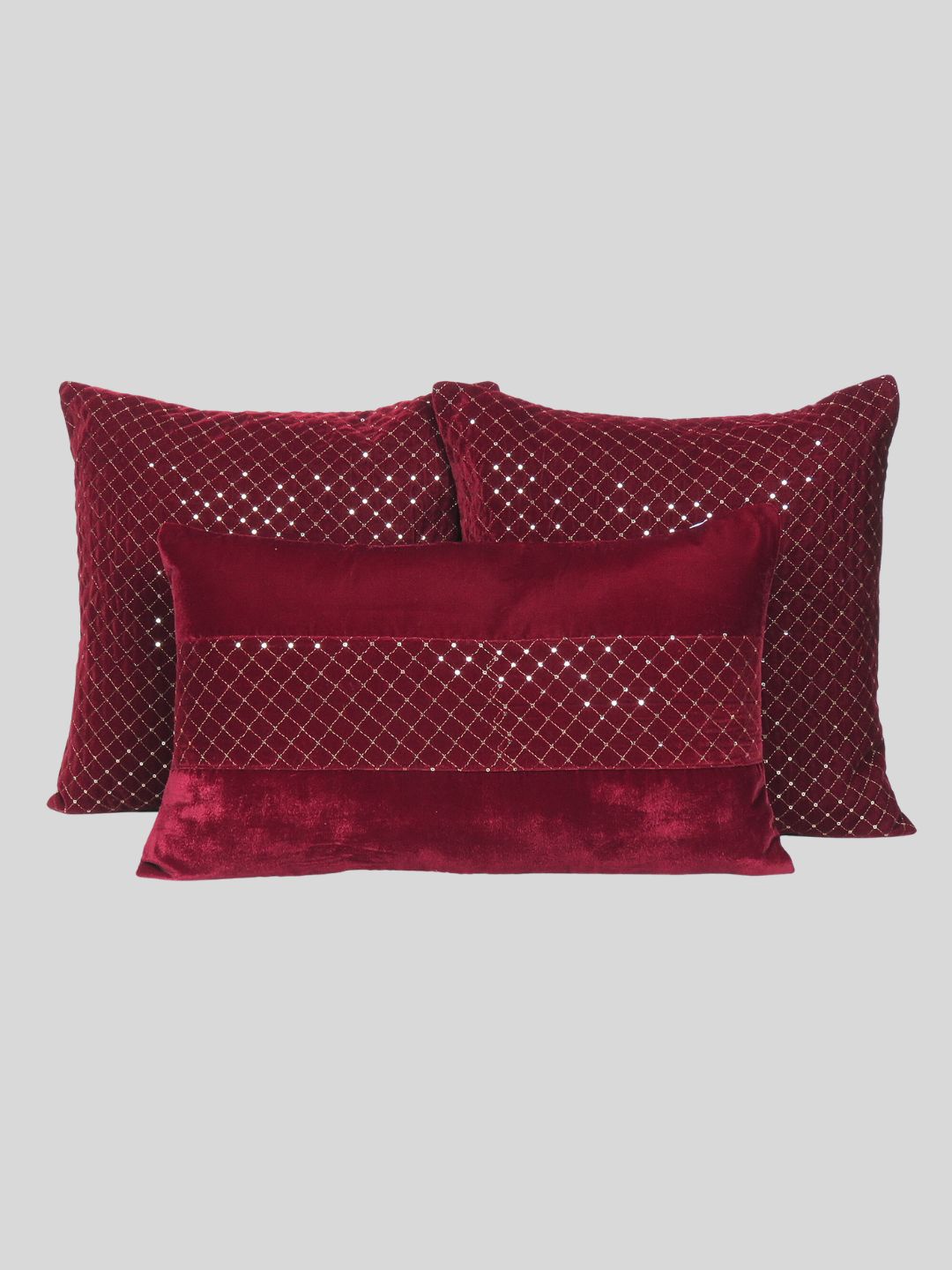 

OUSSUM Red & Gold-Toned 3 Pieces Embroidered Velvet Cushion Covers & Pillow Cover