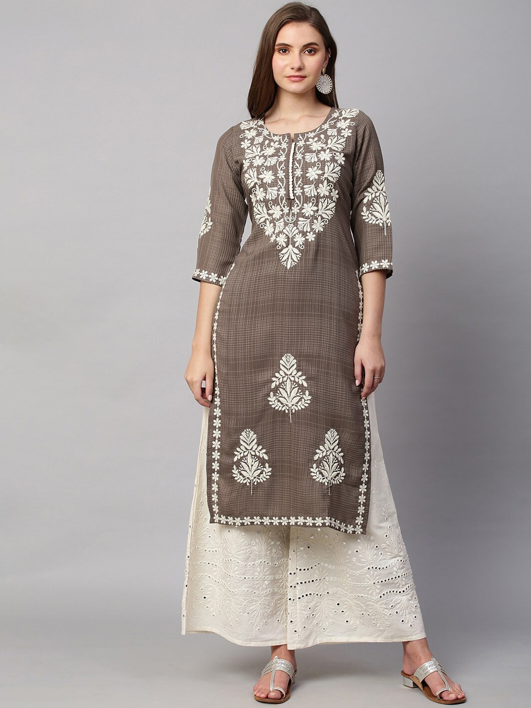 

RATAN Chikankari Embroidered Georgette Straight Kurta, Brown