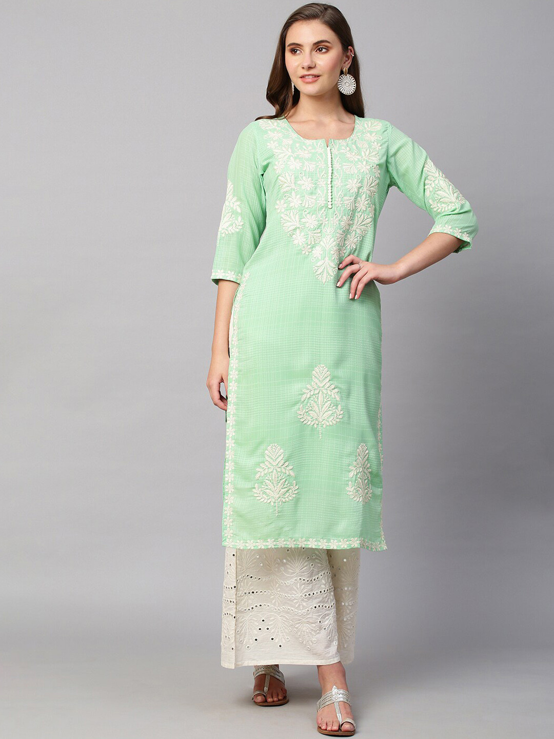 

RATAN Chikankari Embroidered Georgette Straight Kurta, Green