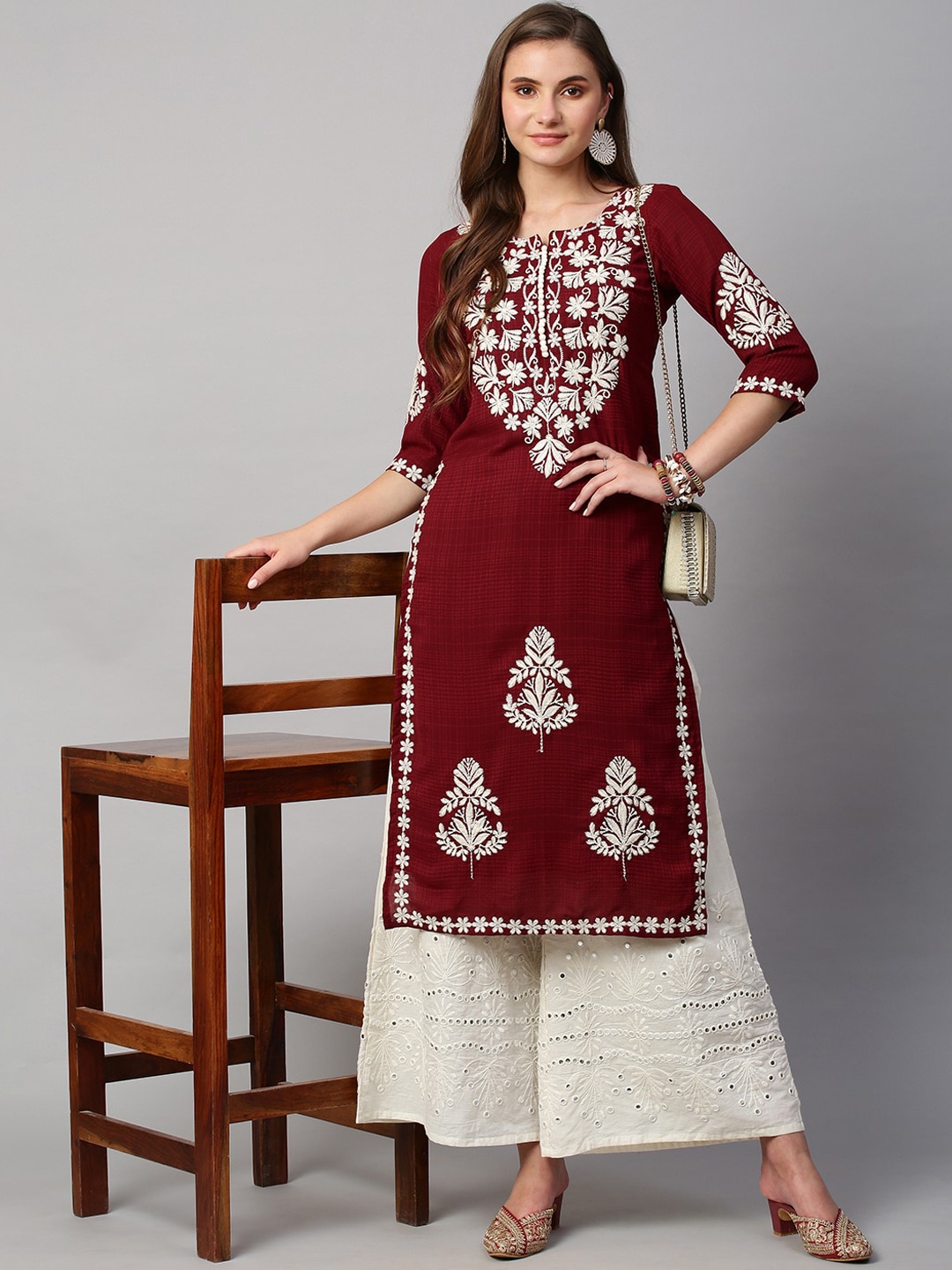 

RATAN Chikankari Embroidered Georgette Straight Kurta, Maroon