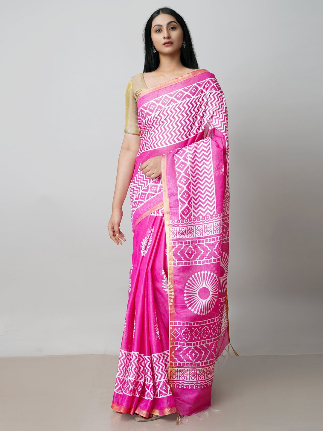 

Unnati Silks Ethnic Motifs Chanderi Cotton Pure Cotton Saree, Pink