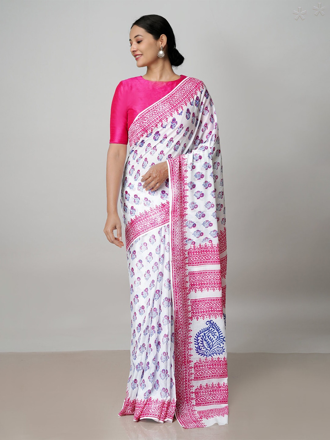 

Unnati Silks Ethnic Motifs Printed Pure Cotton Block Print Saree, White