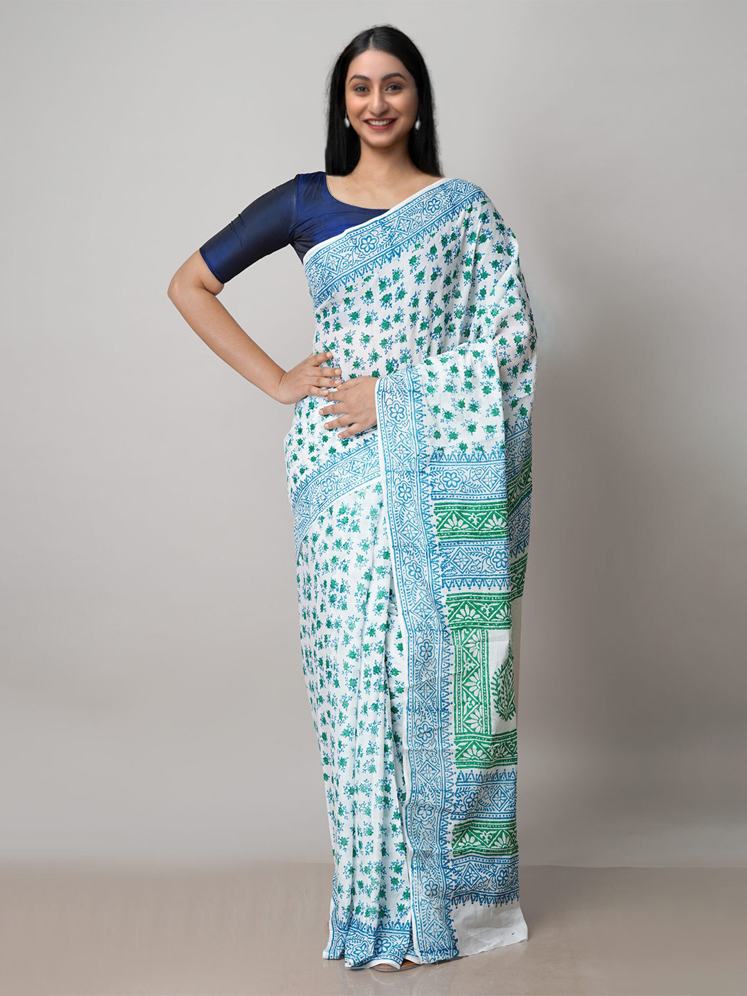 

Unnati Silks Floral Printed Pure Cotton Block Print Saree, White