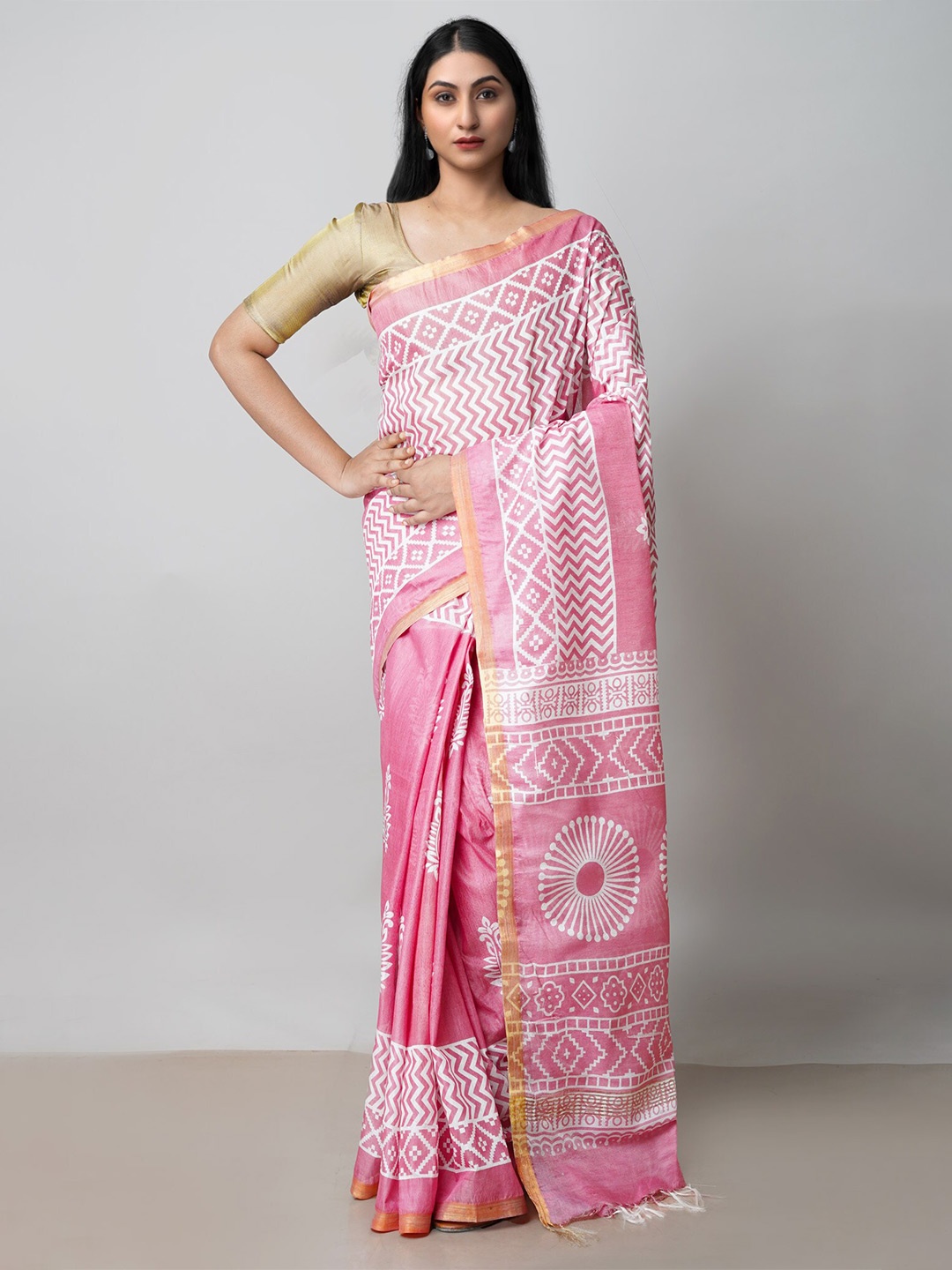 

Unnati Silks Ethnic Motifs Printed Chanderi Saree, Pink