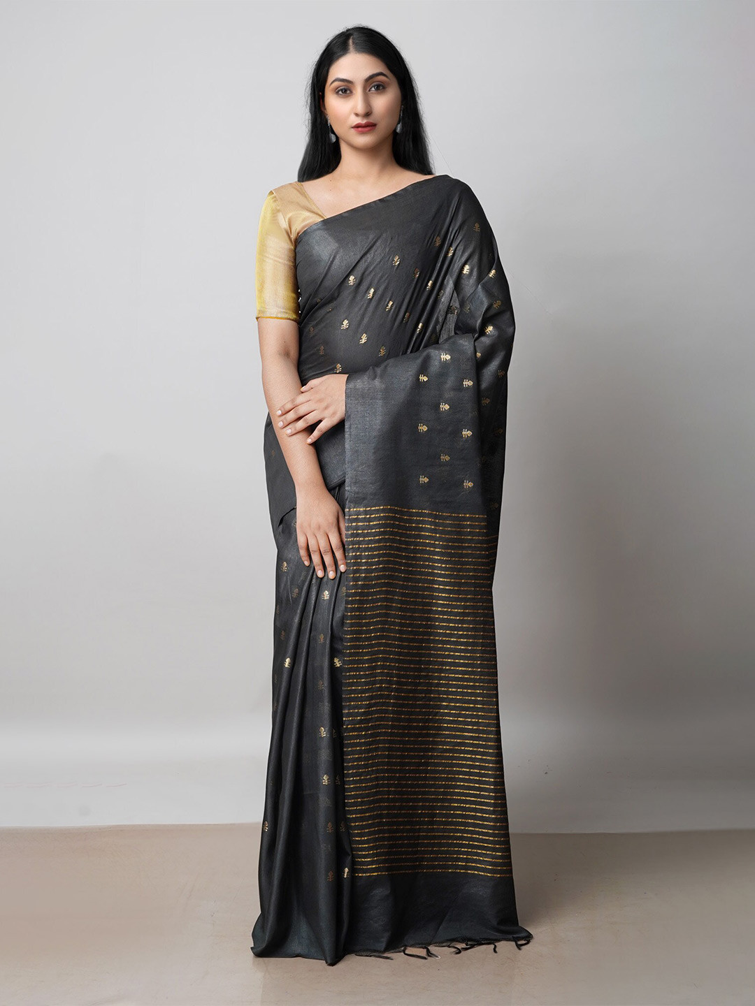 

Unnati Silks Ethnic Motif Woven Design Zari Silk Cotton Chanderi Saree, Black