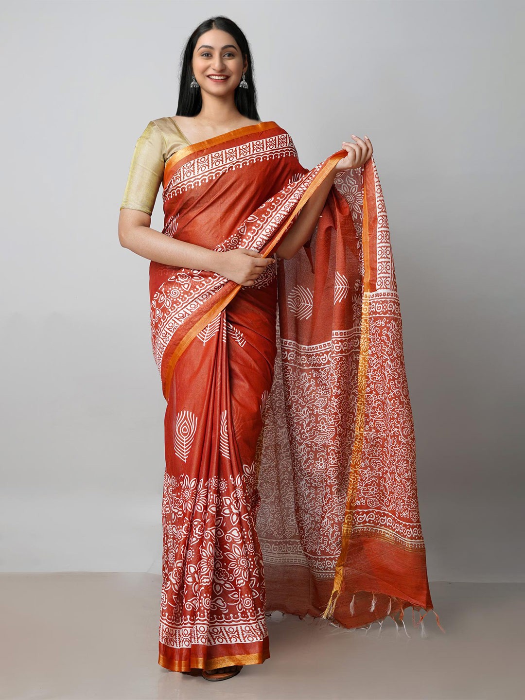 

Unnati Silks Floral Printed Zari Chanderi Saree, Orange