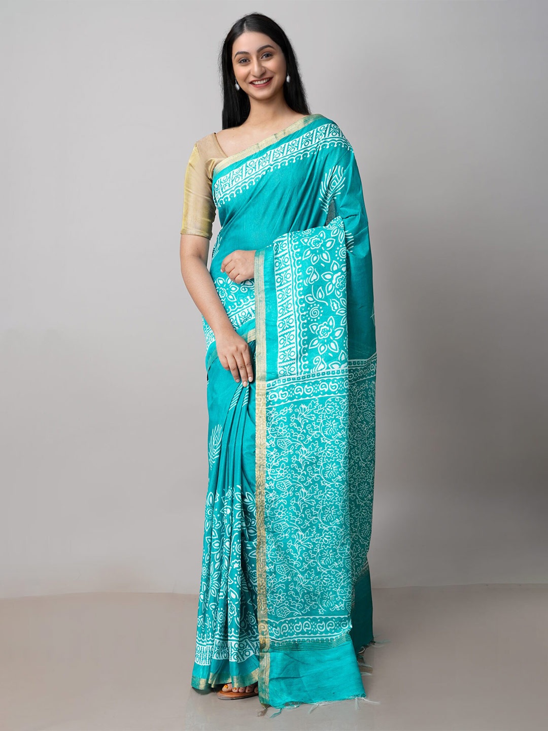 

Unnati Silks Floral Printed Zari Chanderi Saree, Green