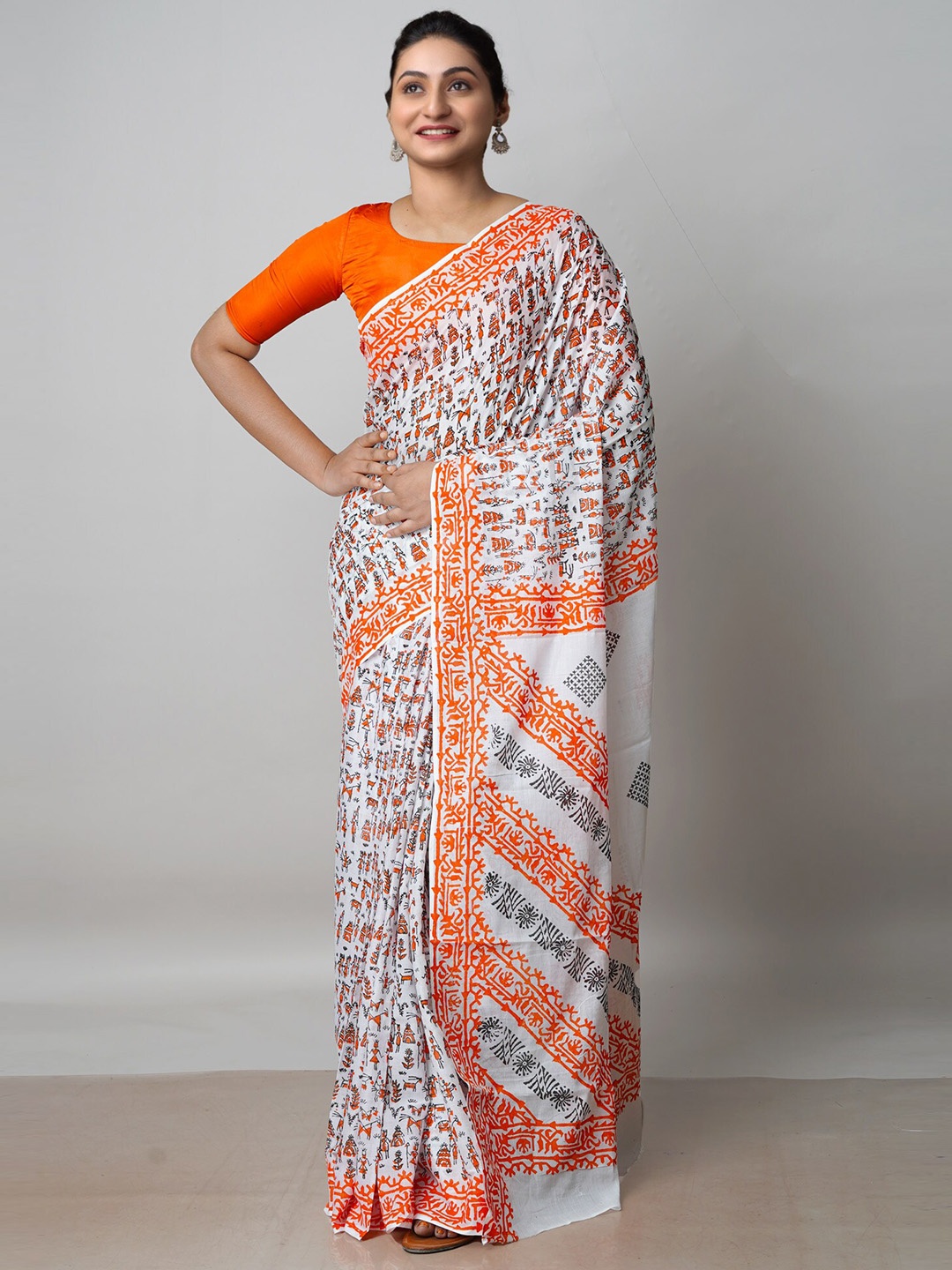 

Unnati Warli Pure Cotton Block Print Saree, White