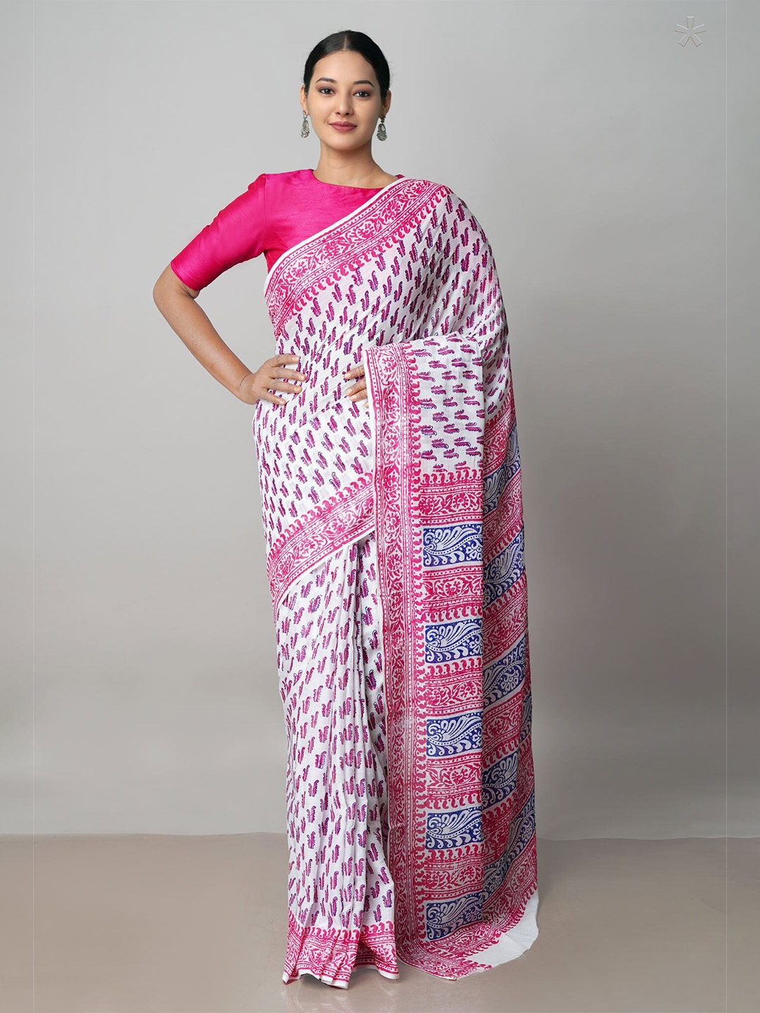 

Unnati Silks Floral Printed Pure Cotton Block Print Saree, White