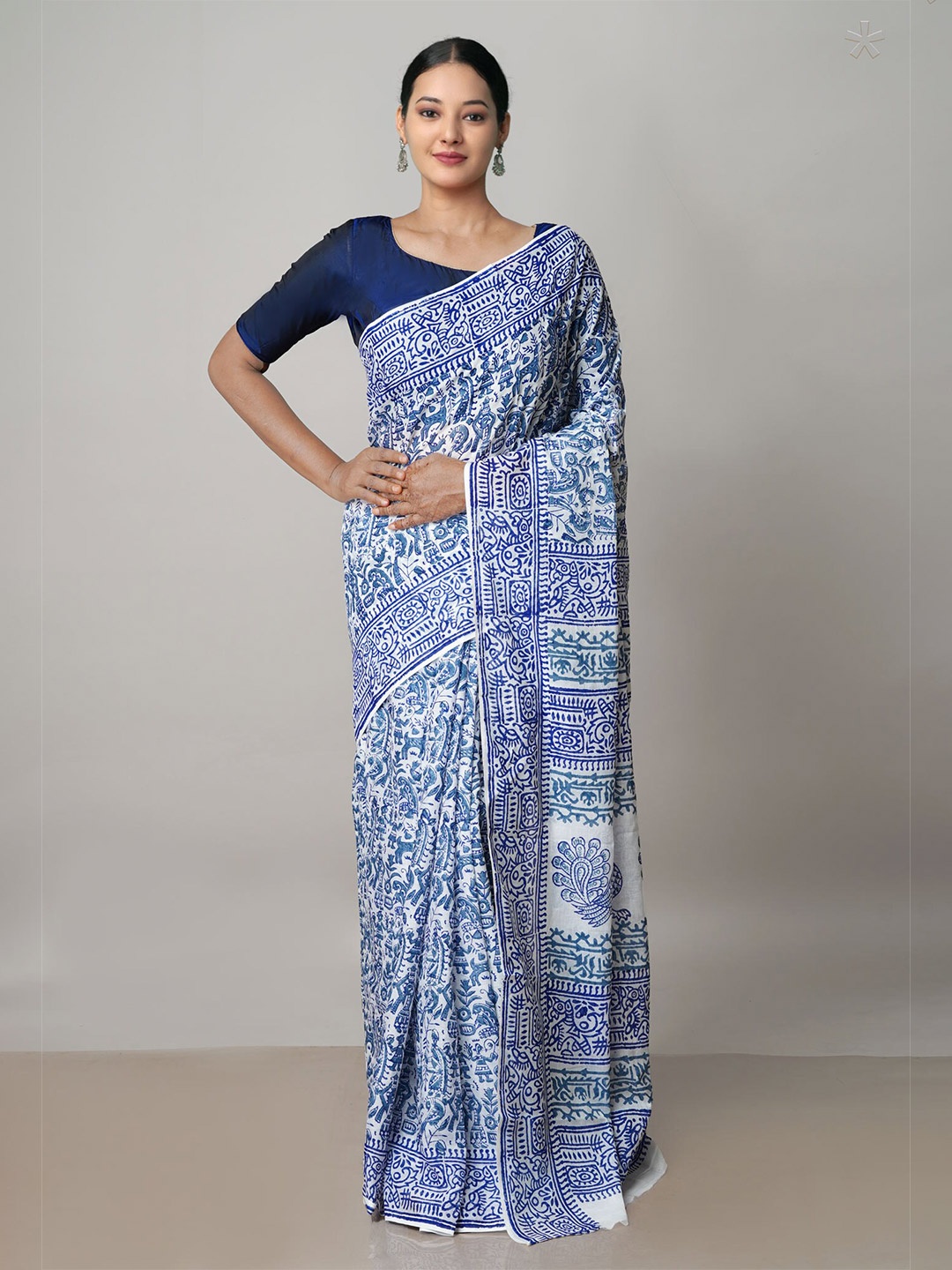 

Unnati Silks Ethnic Motifs Printed Pure Cotton Block Print Saree, White