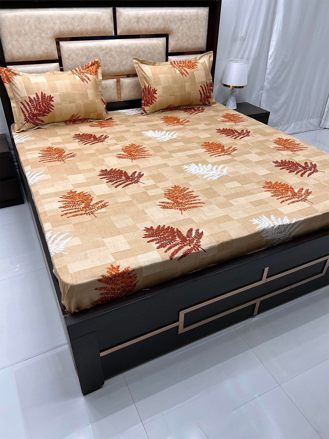 

Pure Decor Velar Sib Beige Printed Cotton 400 TC King Bedsheet with 2 Pillow Covers