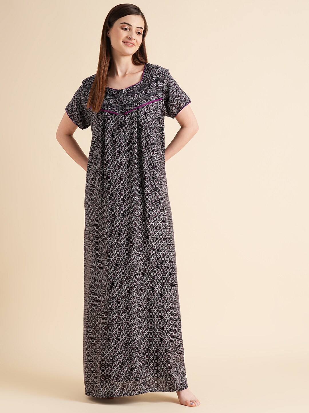 

Sweet Dreams Navy Blue Ethnic Motifs Printed Pure Cotton Maxi Nightdress