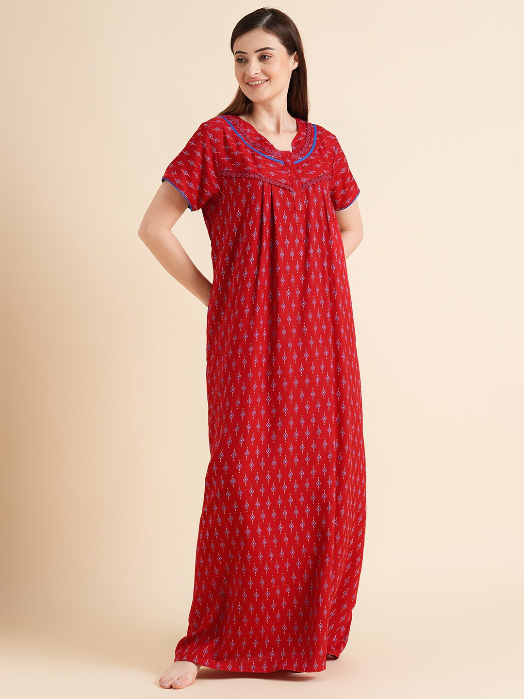 

Sweet Dreams Ethnic Motifs Printed Maxi Pure Cotton Nightdress, Red