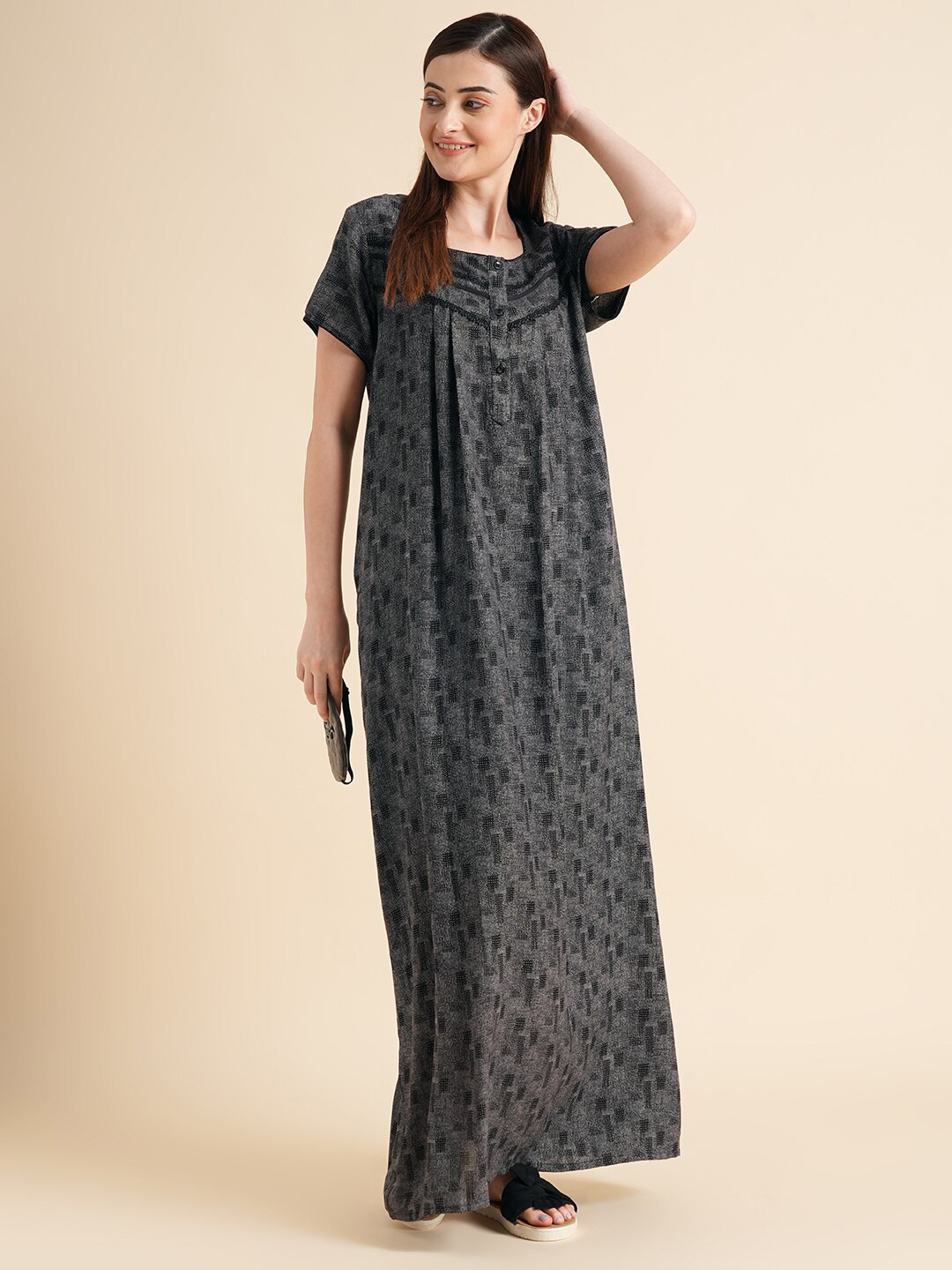 

Sweet Dreams Black Abstact Printed Pure Cotton Maxi Nightdress