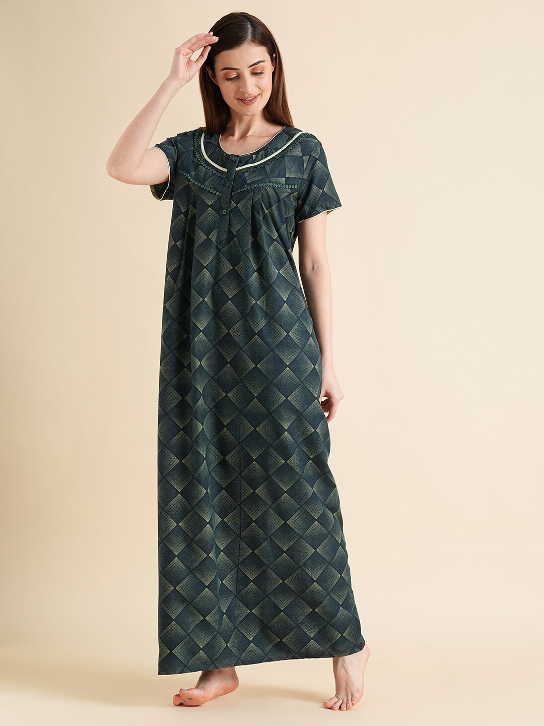 

Sweet Dreams Green Geometric Printed Maxi Nightdress