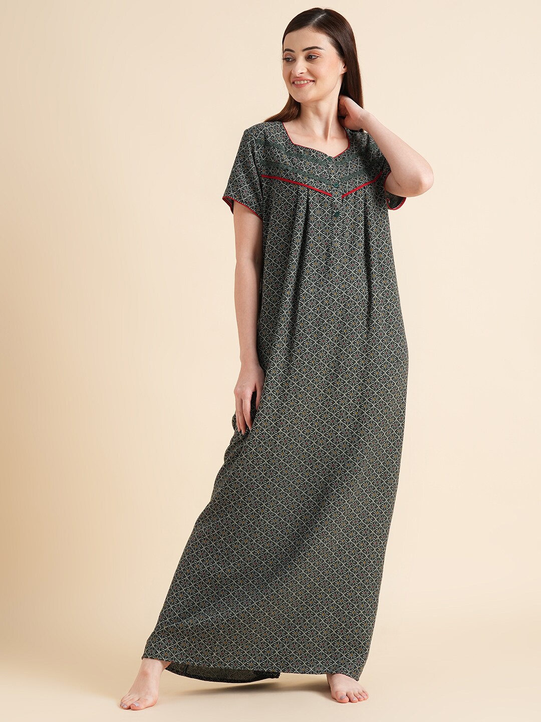 

Sweet Dreams Green Ethnic Motifs Printed Pure Cotton Maxi Nightdress