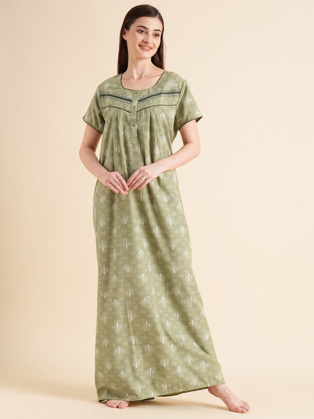 

Sweet Dreams Green Ethnic Motifs Printed Maxi Nightdress
