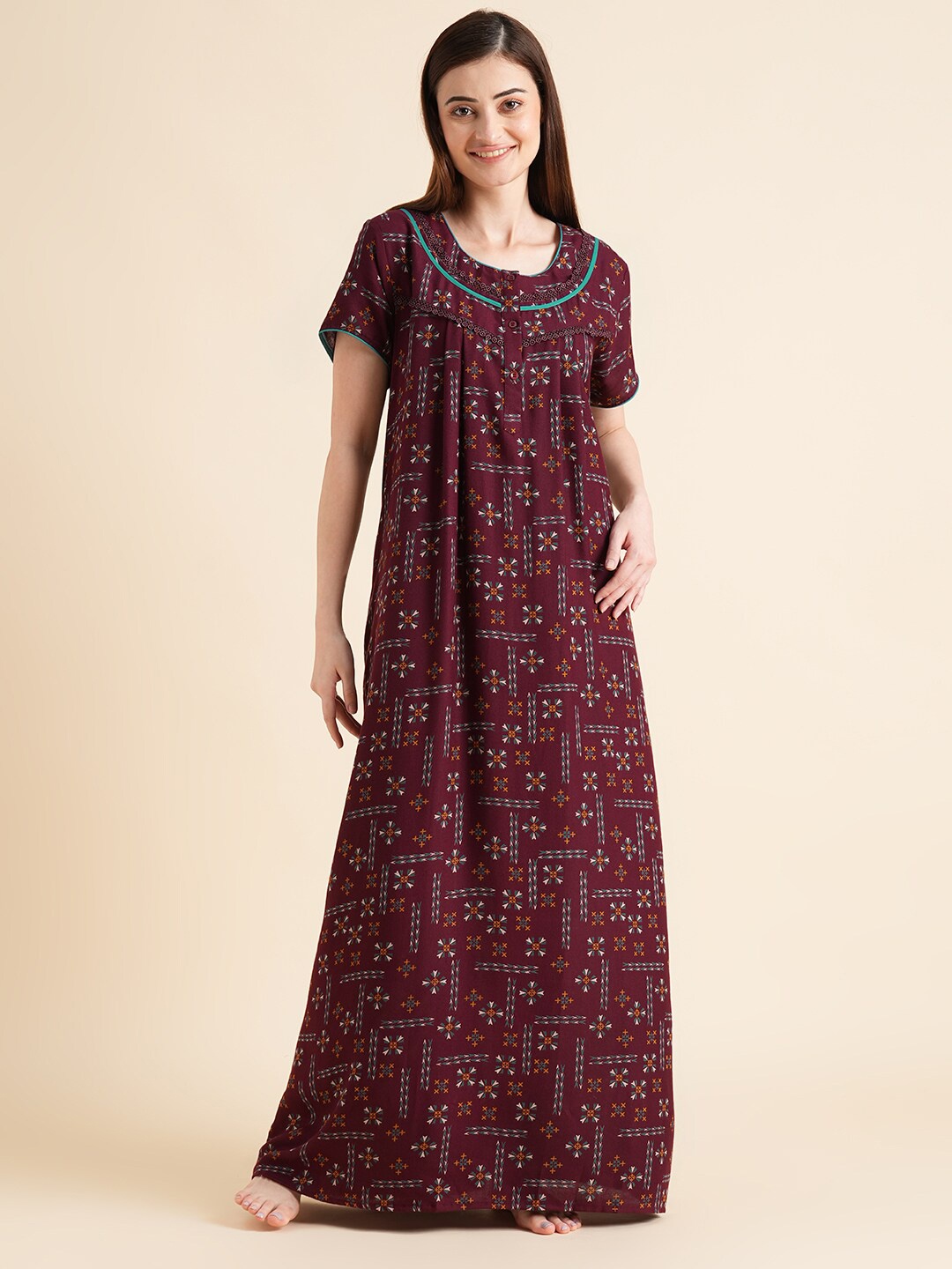 

Sweet Dreams Maroon Geometric Printed Pure Cotton Maxi Nightdress