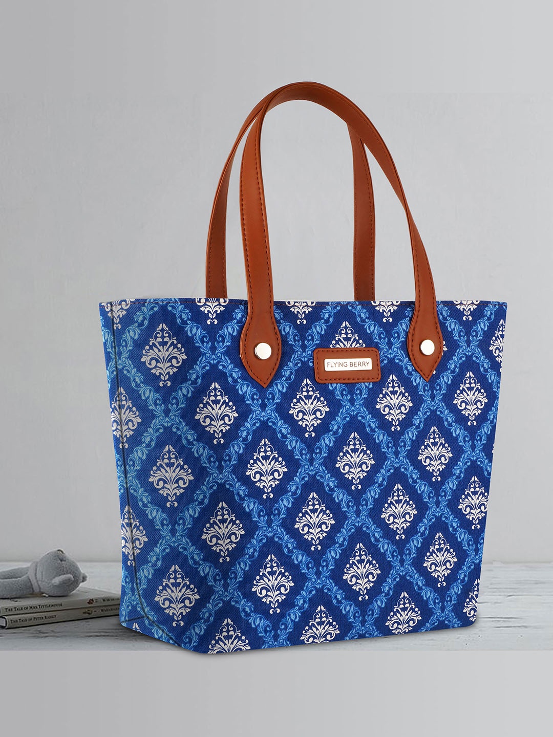 

FLYING BERRY Printed Structured Vegan Leather Tote Bag, Blue