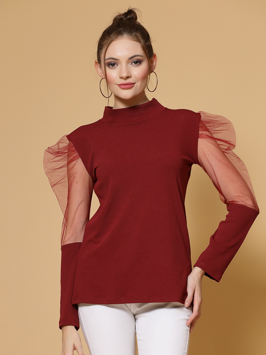 

MISS AYSE High Neck Puff Sleeves Top, Maroon