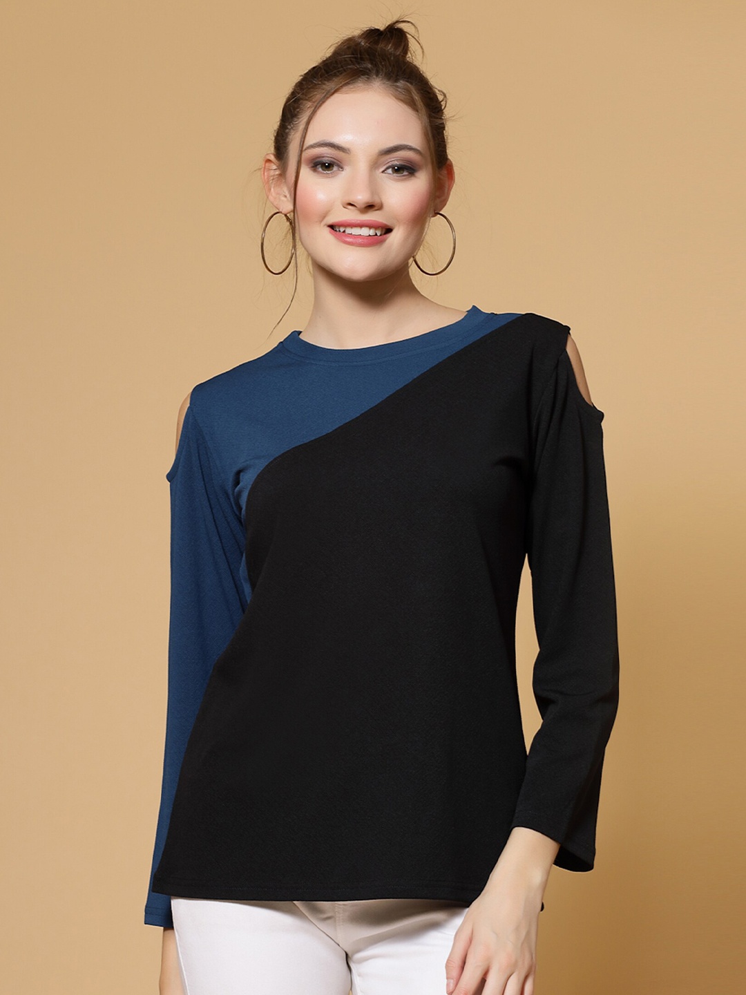 

MISS AYSE Colourblocked Round Neck Cold-Shoulder Sleeves Top, Black