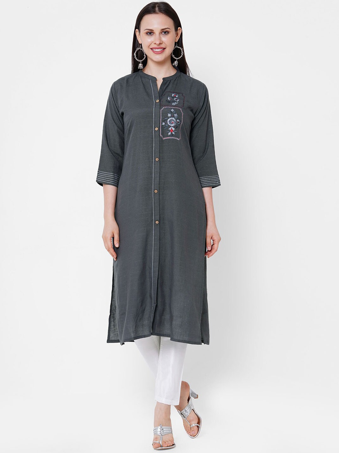 

PINKSKY Yoke or Border Design Pure Cotton Straight Kurta With Trousers, Grey