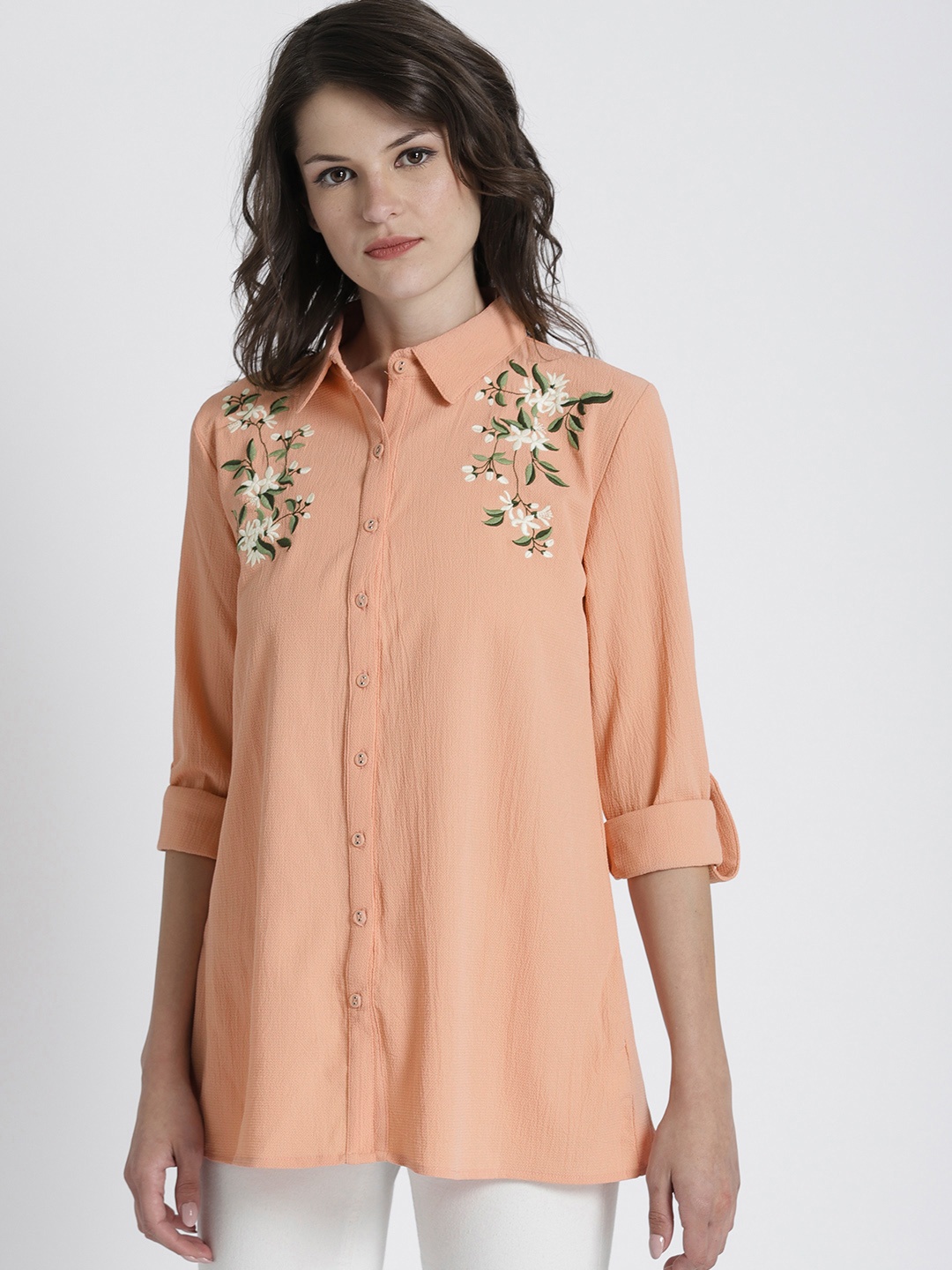 

Chemistry Women Peach-Coloured Regular Fit Self Design Casual Shirt