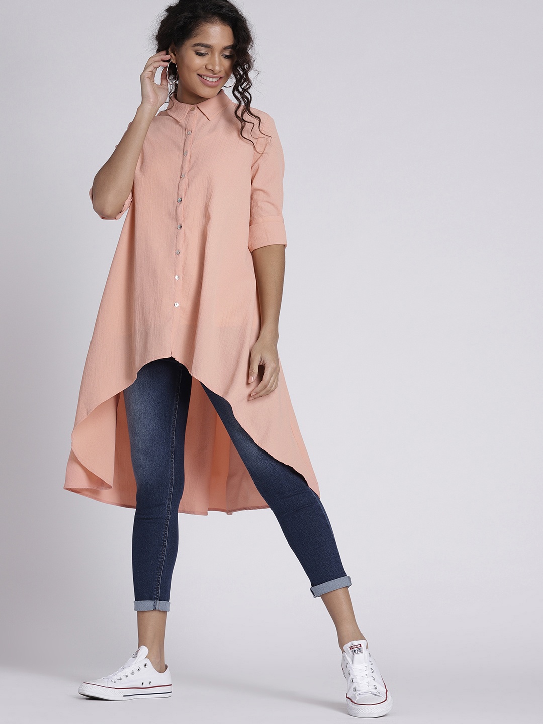 

Chemistry Women Peach-Coloured Regular Fit Solid Longline Shirt