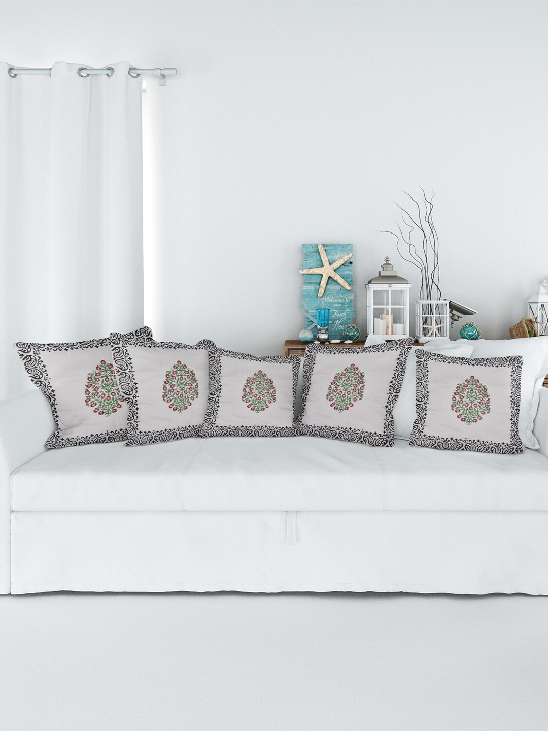 

Jaipur Folk White 5 Pieces Floral Square Cushion Covers