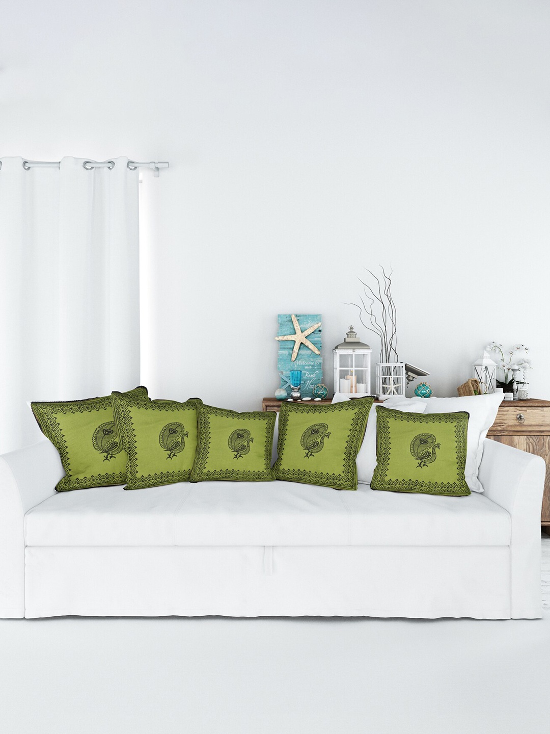 

Jaipur Folk Green & Black 5 Pieces Ethnic Motifs Square Cushion Covers