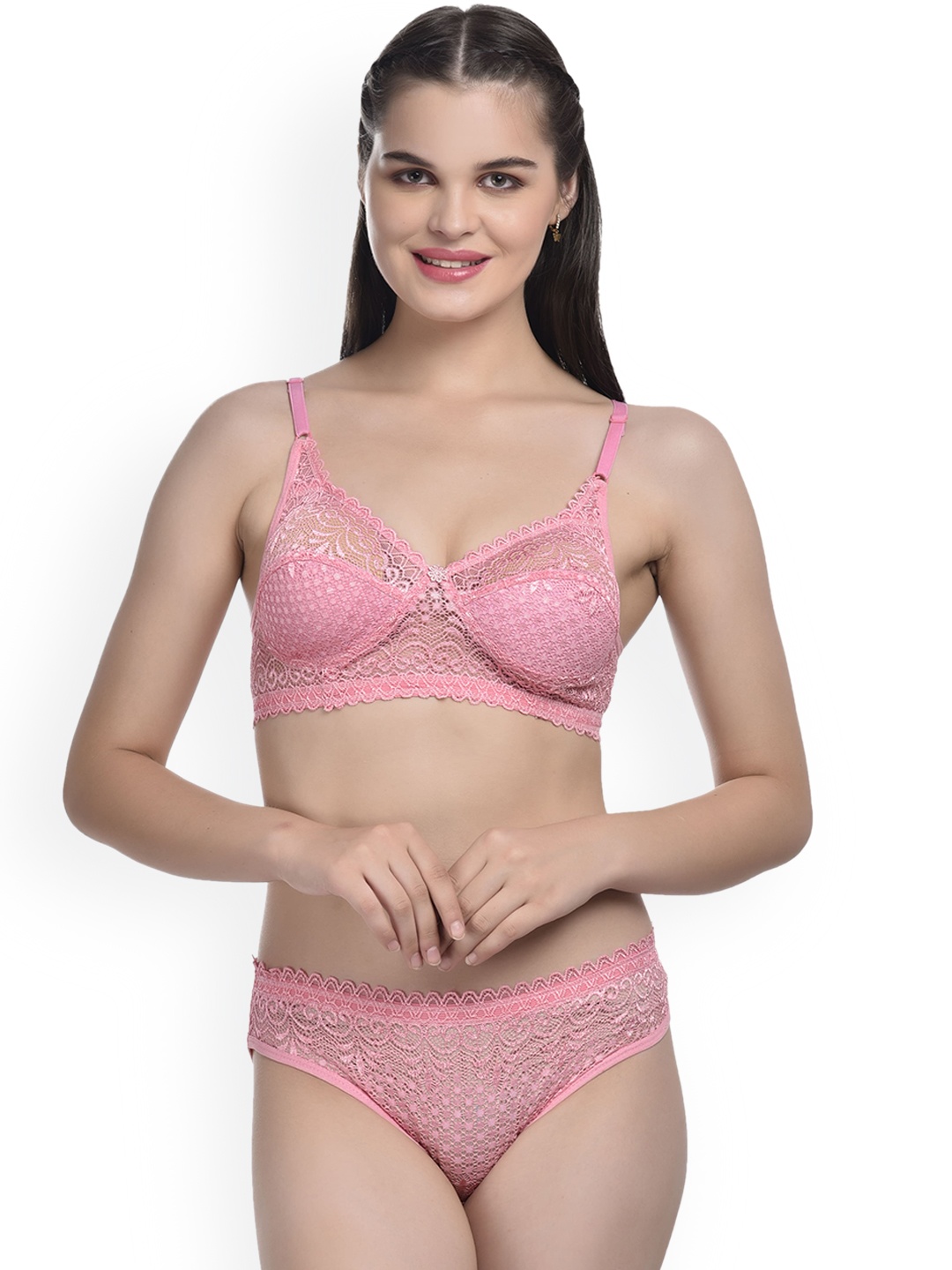 

SGC SWEDEN Self Design Laced Lingerie Set, Pink