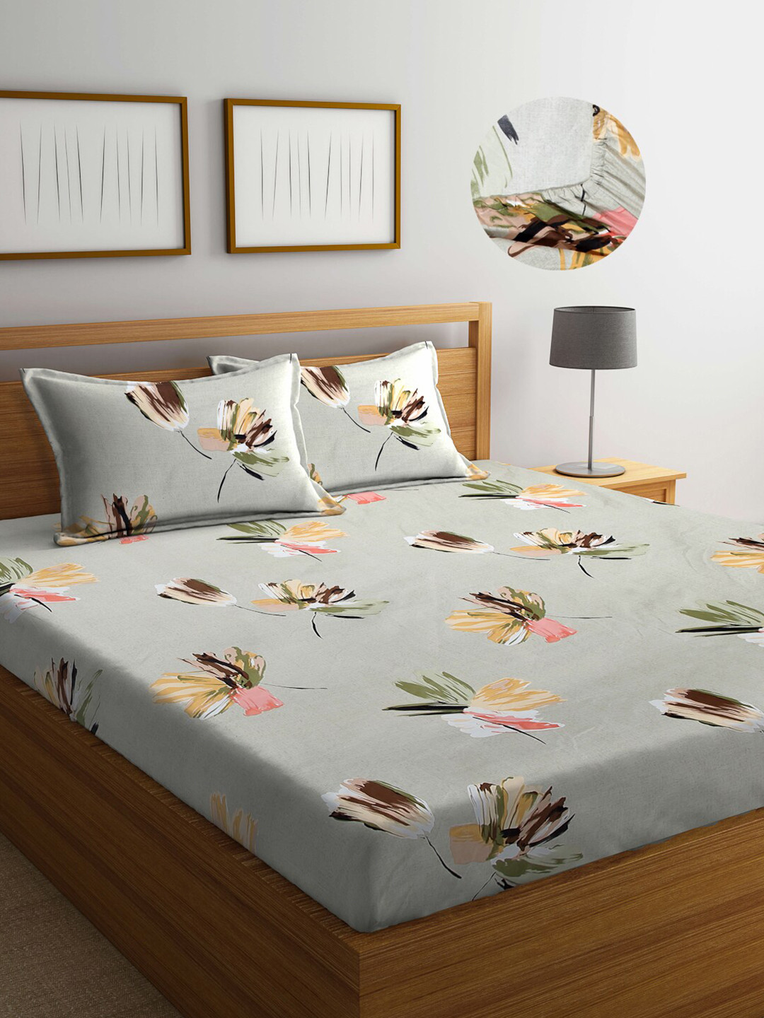 

FABINALIV Grey & Green Floral Printed 300 TC King Fitted Bedsheet With 2 Pillow Covers