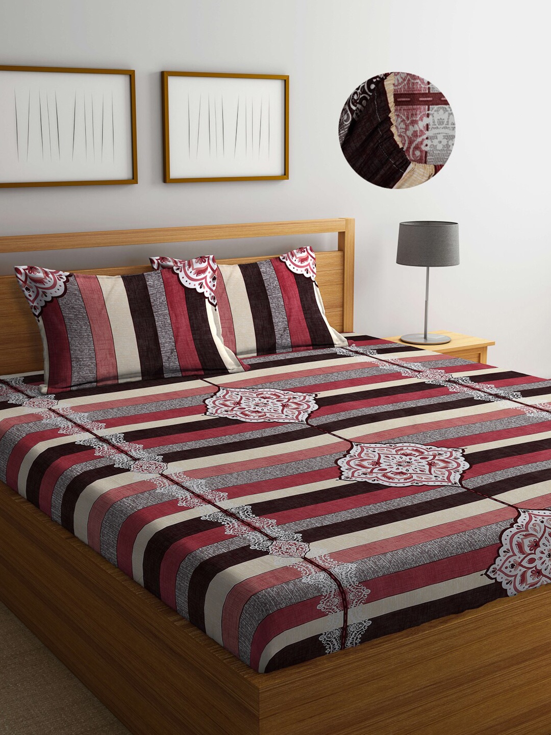 

FABINALIV Cream-Coloured & Grey Printed 300 TC Fitted King Bedsheet with 2 Pillow Covers