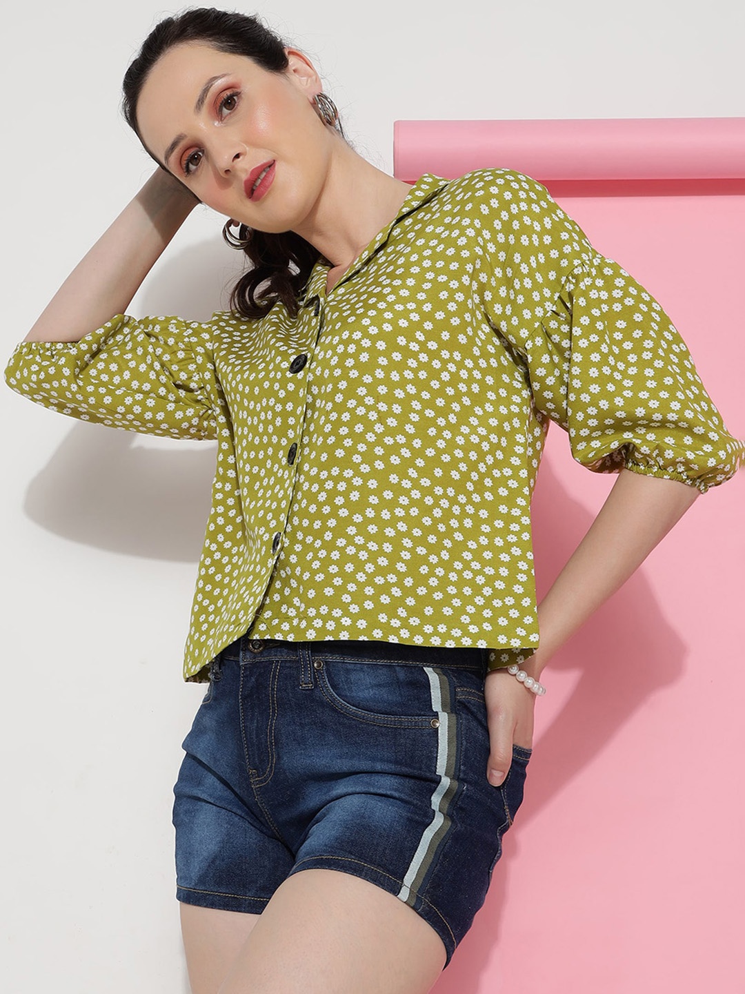 

J Turritopsis Classic Floral Printed Puff Sleeves Spread Collar Casual Shirt, Green