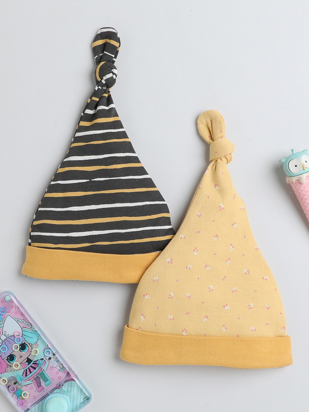 

BUMZEE Infant Boys Pack Of 2 Printed Cotton Beanies, Mustard