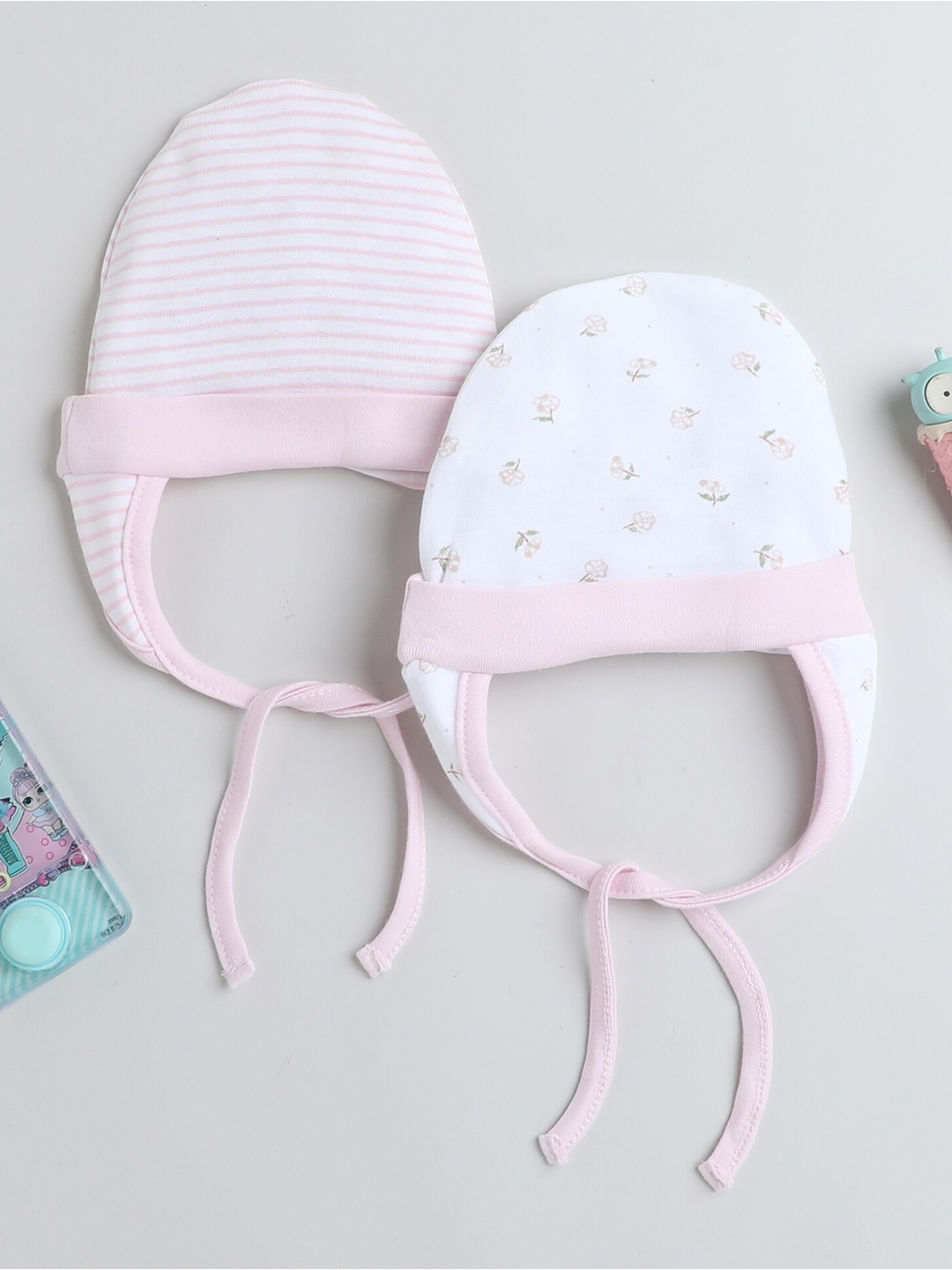 

BUMZEE Infant Girls Pack Of 2 Printed Cotton Beanies, Pink