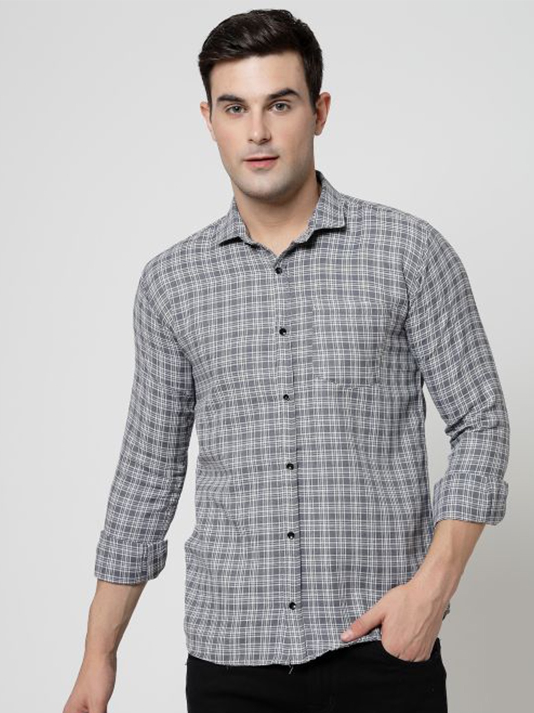 

ADWYN PETER New Tartan Checked Spread Collar Regular Fit Cotton Casual Shirt, Grey